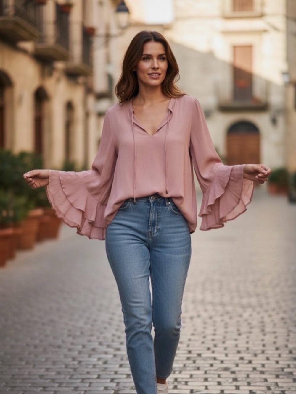 Maven West Ruffle-Sleeve V-Neck Blouse in Dusty Rose